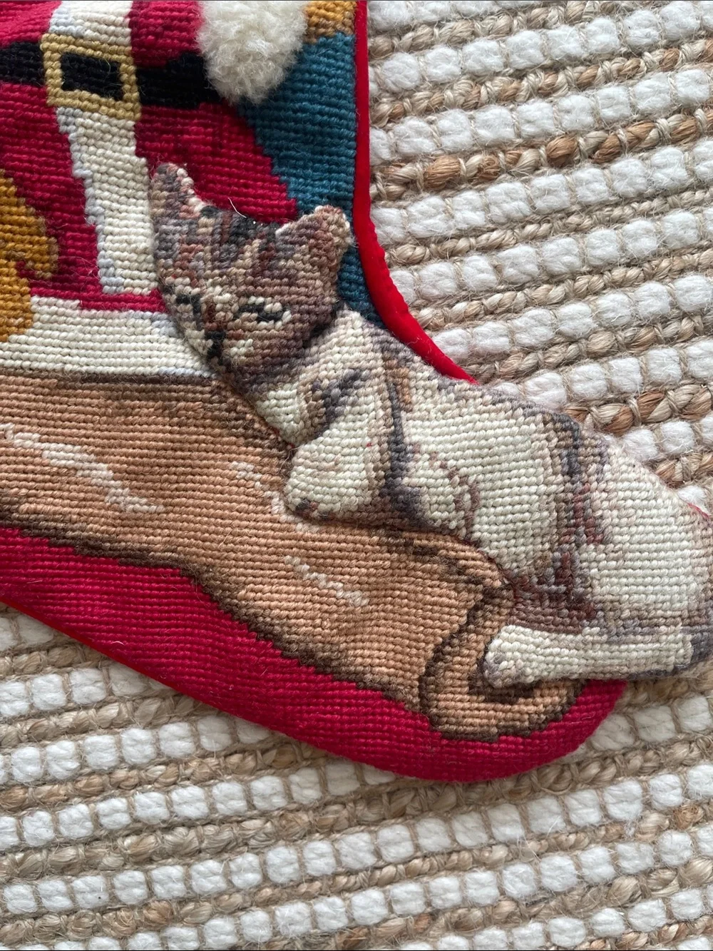 Vintage Needlepoint Stocking Santa Bear & Cat